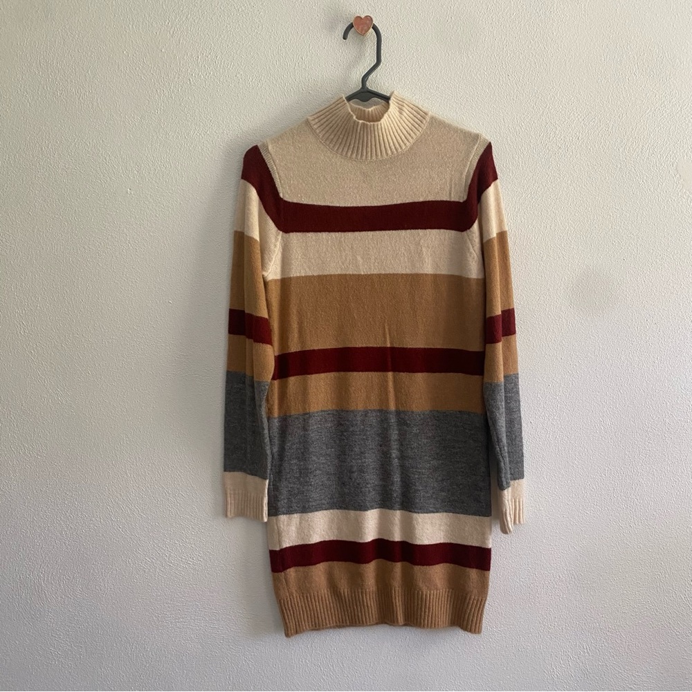 Studio 19 Cream and Brown Striped Turtleneck Sweater Dress